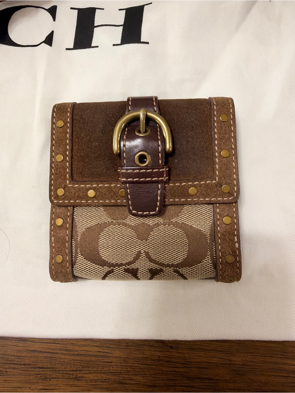 Coach Signature Canvas Brown Small Wallet with Buckle